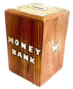 V P J Piggy Bank for Adults Wooden Money Bank Coin Box for Kids with Lock Gifts for Boys, Girls & Adult Crafted (15 x 15 x 20 cm, Brown) (12 x 12 x 16 Centimeters, Brown)