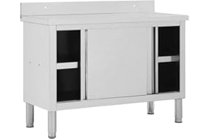 Susany Stainless Steel Table Filing Cabinet Work Cabinet 120 x 50 x 95 cm with 2 Sliding Doors, Restaurant Cabinet Gastro Work Table with Storage Space, Table Top Height: 85 cm