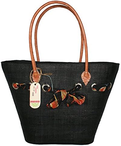 Raffia Handbag With Scarf Looped Through The Front. Drawstring Closure &amp; Leather Handles