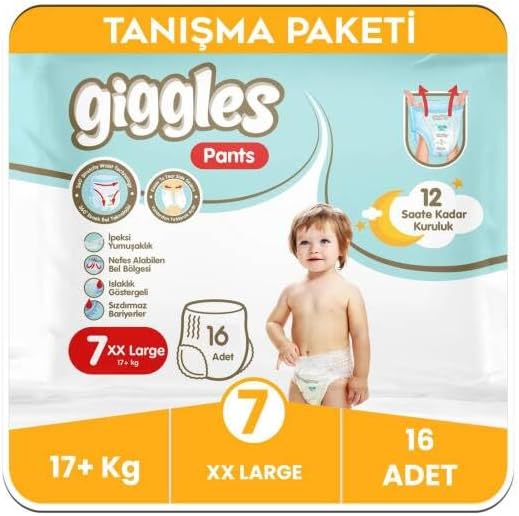 Giggles Pants Külotlu Bebek Bezi, 7 Numara XX Large, 17+ kg, 16 Adet, Tanışma Paketi