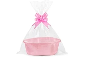 Lotvic Gift Basket, Hamper Kit, Empty Hamper Basket with Cellophane Bags and Pull Bows, Rope Gift Baskets with Handles, Woven Gift Baskets for Baby Shower, Wedding, Birthday, Housewarming (Pink)