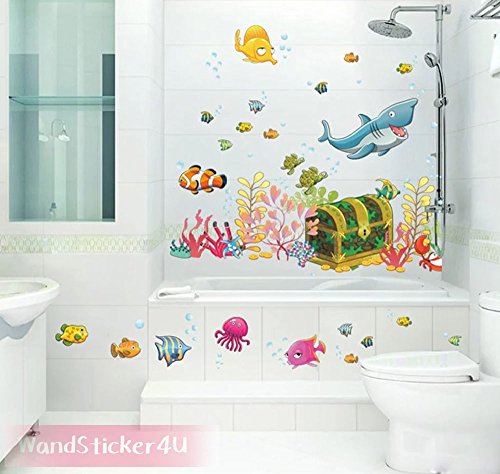 WandSticker4U- Wandtattoo „Unterwasserwelt mit Schatztruhe“ bunt | Effektbild: 122x68cm | Aquarium Fische Hai Unterwasser See Ozean | wasserfeste Wandsticker Fliesen Sticker Deko für Kinderzimmer Kinder Badezimmer Bad GROSS - 5