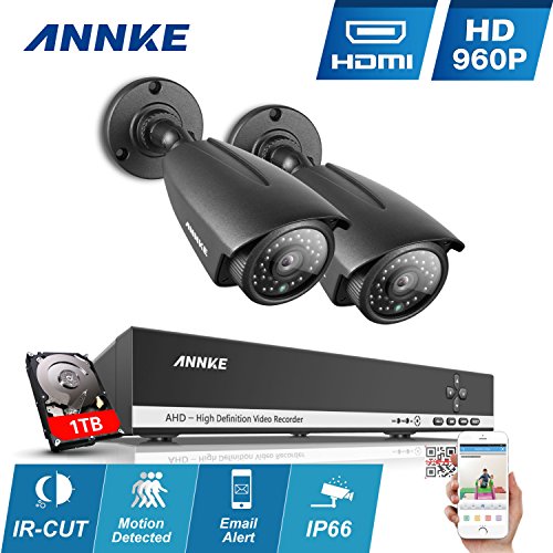 ANNKE 1080P Lite 4 CH DVR y 2 Cámaras con 1TB Disco Duro de vigilancia Visión Nocturna y Detección de Movimientos IP66 Interior y Exterior