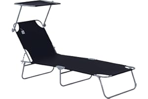 ‎OUTSUNNY Outsunny Sonnenliege klappbar Gartenliege mit Dach, Liegestuhl mit 4-Fach verstellbare Rückenlehne, wetterfeste Campingliege bis 120 kg belastbar, für Garten Strand Pool, Schwarz