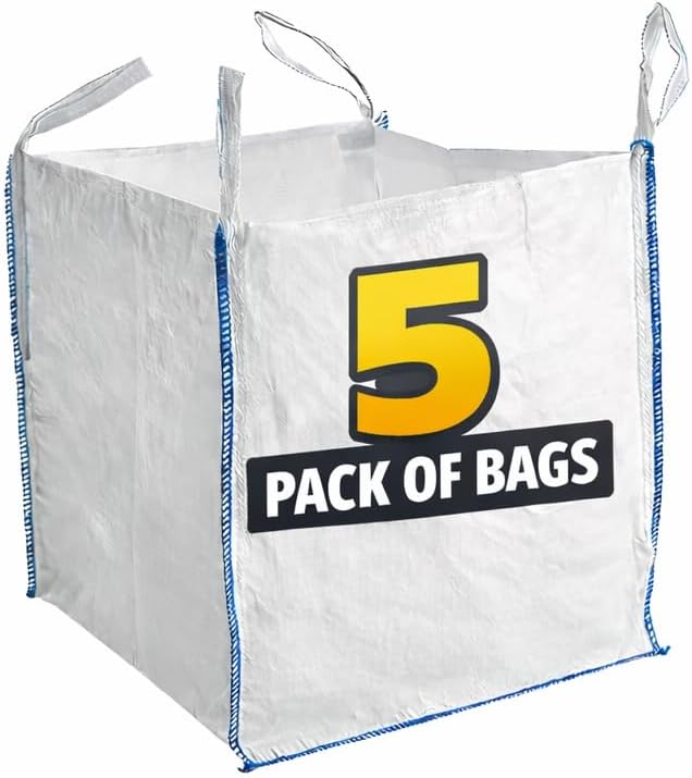 5 x 1 tonne bags Builders 1 Tonne Builders Bags – Heavy Duty Bulk FIBC Bags for Garden Waste, Sand, Aggregate, Construction & Storage – White Jumbo Dumpy Bags 85x85x85cm with Lifting Loops