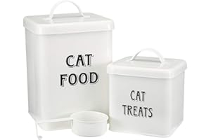 Morezi Juego de recipientes para bocadillos y comida para mascotas con tapa y cuchara, tarro de almacenamiento de comida para gatos-Blanco