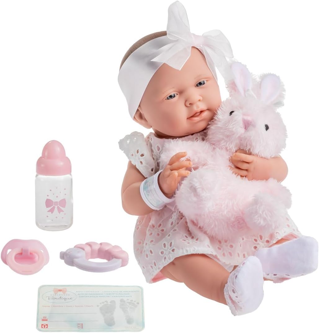 JC TOYS- Muñeca La Newborn recién Nacida de 38 cm es de Vinilo Suave, Ropa de algodón Calado y Accesorios, niña, Rosa, diseñado en España por Berenguer, 2 años