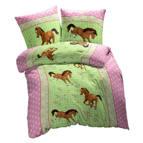 Herding 465749050 Pferde Bettwäsche, 80 x 80 cm + 135 x 200 cm, Biber / Flanell