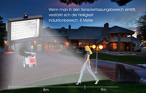 SAILUN 60 LEDs SMD Strahler Solar Fluter Außenleuchte Flutlicht Solarleuchte mit PIR Bewegungsmelder Wasserdicht Aluminiumkörper Schwarz, Einstellbare Verzögerungszeit und Helligkeit und Sensorbereich - 6