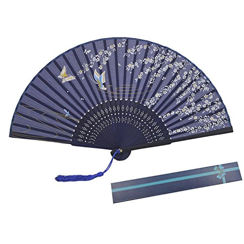 abanico de KAKOO de patrón del cerezo de color azul profundo del estilo japón para bailar o Lave tres ceremonias, la boda, la decoración de la pared de la casa