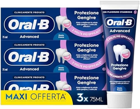 Oral-B Dentifricio Advanced Protezione Gengive 3x75ml, Dentifricio per Gengive Infiammate Clinicamente Provato, Pulizia Denti Efficace, Alito Fresco, Sapore Menta Piperita e Menta Verde