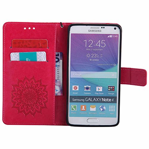 Galaxy Note 4 Hülle, Dfly Premium Slim PU Leder Mandala Blume prägung Muster Flip Hülle Bookstyle Stand Slot Schutzhülle Tasche Wallet Case für Samsung Galaxy Note 4, Rot - 4