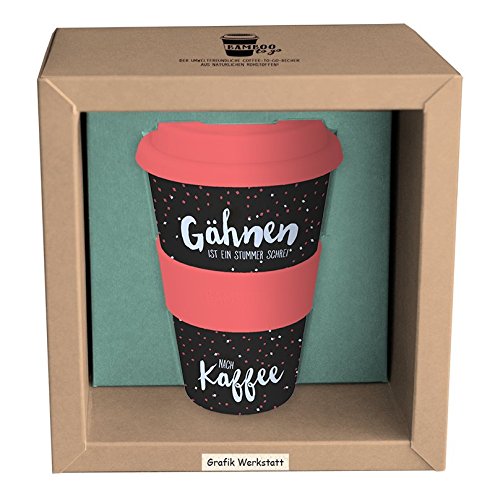 Grafik Werkstatt 60630 Bamboo-To-Go-Becher Gähnen ist ein stummer Schrei nach Kaffee, Bambus, beige, 9 x 9.5 x 14 cm