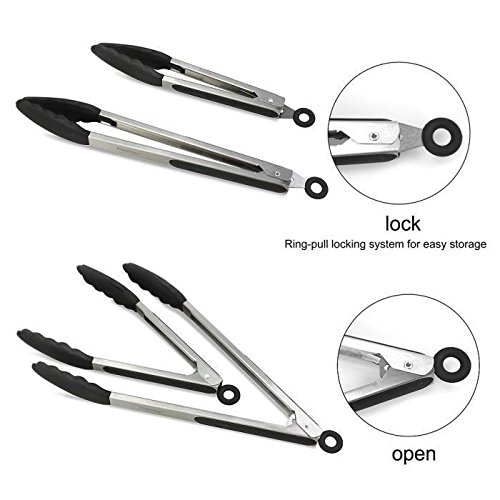 Ploopy Silikon Küchenzange, Edelstahl Silikon Zange, 2er Set Küchenzange, Perfekter küchenhelfer zum kochen, Grill, Aufback-Brötchen und vieles mehr ( 9’’+12’’ Schwarz ) - 3