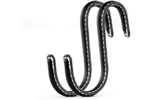 Brute Strength - Ganchos en forma de S envueltos en cuero de grano completo - 2 piezas - Negro - Ganchos de metal de 10 cm de acero inoxidable para colgar en la cocina, el taller, el baño