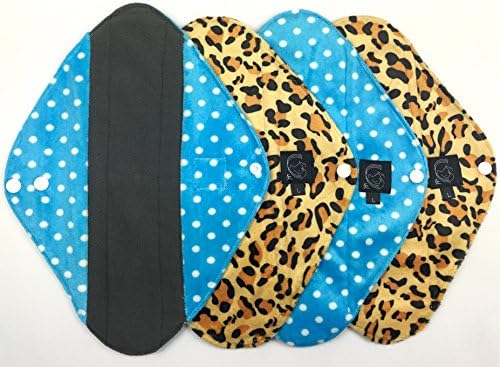 4 Pack SPOTS &amp; LEOPARD - HEAVY FLOW - Cloth Sanitary Pads (CSP), 30cm long x 10cm wide (11.75" L x 4" W) Bamboo CHARCOAL, Minkee / MINKY, Washable Reusable Period Protection, Menstrual Products, Mama Towel, Sanitary Napkins - {Kernow Kloth}