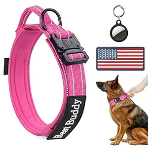 AUBELL Reflective Dog Collar, Tactical Dog Collar for Medium Dogs, Heavy Duty Dog Collars with Handle and Metal Buckle Great for Female Dogs Training, with Airtag case and Two Patches(Hot Pink, L)