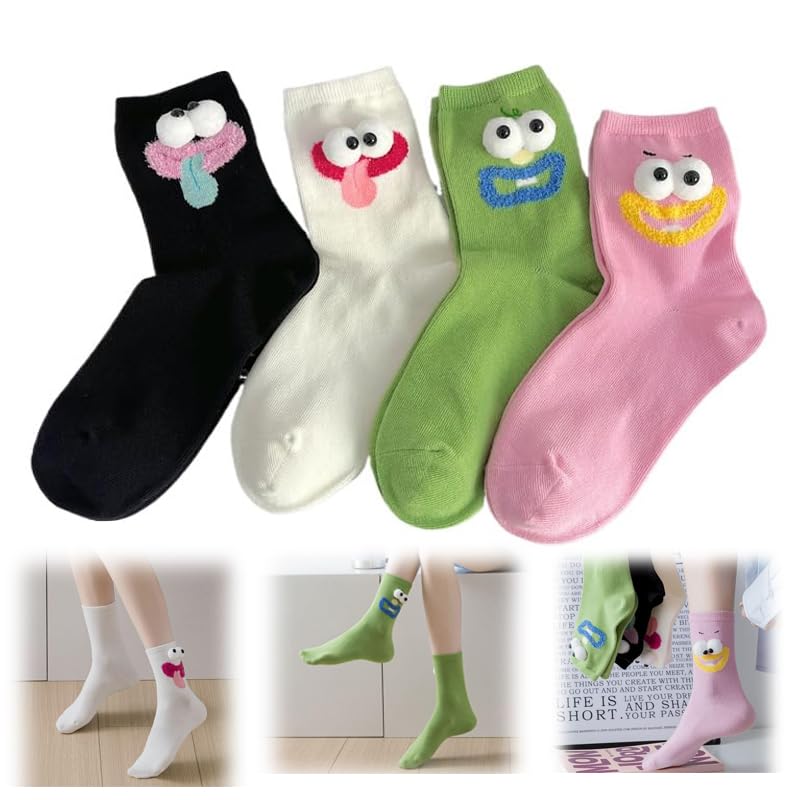 Azonee Cute 3D Monster Face Socks, Novelty Plush Cartoon Crew Socks with Funny Eyes for Girls & Women, Fun and Cozy Wear, 4 Pairs : Amazon.ae: Fashion