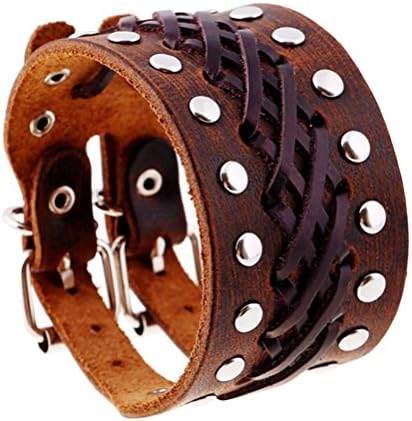 TIZIKJ Punk Rivet Retro Manual Weave Leather Men Bracelet Wide Skin