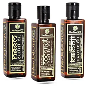 HerbtoniQ Organic Neem, Extra Virgin Coconut And Kalonji Black Seed Cold Pressed Carrier Oil For Face-Skin Care & Hair Care (300ml) (3 X 100ml)