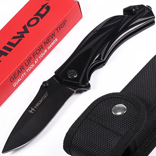 Preisvergleich Produktbild HILWOD Klappmesser, HW-L00316B Professionelles Taschenklappmesser mit Aluminiumgriff, Taschenmesser mattschwarz ideales Rettungsmesser, Angelmesser & Jagdmesser, Outdoor und Survival Messer mit scharf Edelstahlklinge, Einsetzbar für Arbeit Wandern Camping