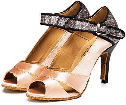 Wgwioo Women Dance Shoes High Heel Leather Suede Soft Soles Satin Flash Salsa Latin Tango Ballroom Buckle Sandals Skin Tone . A . 39