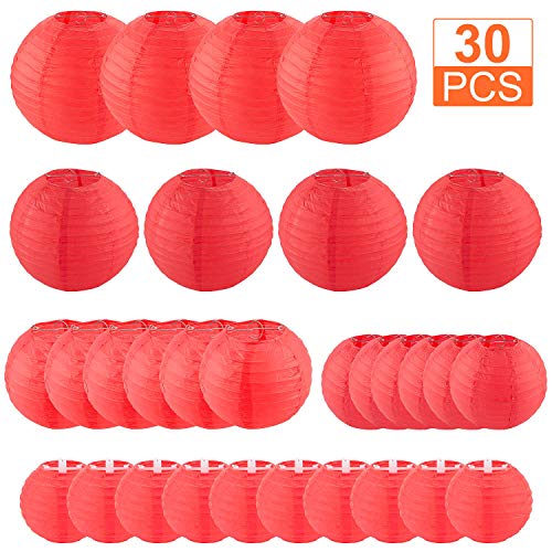 STARVAST 30 Pcs Lanternes en Papier - Lampion Papier Rouge, Lanterne en Papier Ronde pour Mariage, Maison, Fêtes et Noël - Assortiment de Tailles Rondes (4",6",8",10",12") - Rouge