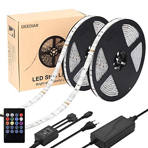 LED Striscia RGB 10 Metri Musica LED Strisce, GEEDIAR Autoadesive 5050SMD 300 LED Stripes IP65 Impermeabile 12V 6A TV Retroilluminazione Flessibile/Accorciabile Luci con Memoria Funzione, Telecomando