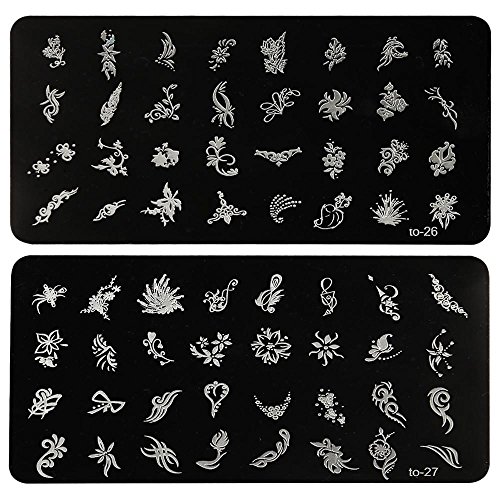 Yahee 12 Stück Nailart Schablonen Platten Nageldesign Maniküre Set mit Stempel - 7