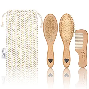 Natural Baby Wooden Hair Brush Comb Set with Travel Bag | Newborn Girl or Boy Hairbrush with Soft Goat Bristles | Cradle Cap and Scalp Grooming for Infant, Toddler, Kids | Baby Shower Gift