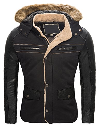 Herren Winterjacke warm gefttert Kunstpelz Kapuze Kunstleder rmel Schwarz Grau Navy H-062 S-XXL [H-062 - Schwarz - Gr. XL]