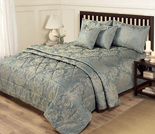 6 PIECE JACQUARD BLUE & GOLD BEDDING - KING SIZE DUVET SET & BEDSPREAD THROW