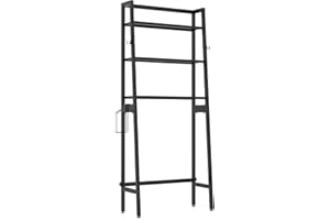 Multigot Over The Toilet Shelf, 3-Tier Freestanding Laundry Storage Rack Bathroom Space Saver Organizer with Toilet Paper Holder, 2 Hooks and Adjustable Bottom Bar, Metal Washing Machine Rack (Black)