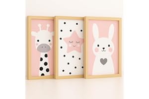 LENI LOTTE KINDERBILDER MIT HOLZRAHMEN | AUFHÄNGFERTIG | Bilder Kinderzimmer Deko Junge Babyzimmer Deko Mädchen Jungen Baby Zimmer Dekoration Kleinkinderzimmer Poster 3er Set Wandbilder A4 30x21 - KB06
