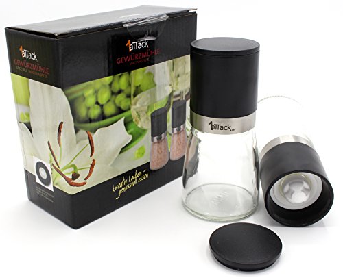 1aTTack.de Salz Pfeffermühle Set (2 Stück) Echtglas, Edelstahl Ring, Einstellbarer Feinheit, Gewürzmühle schwarz 140ml - 3