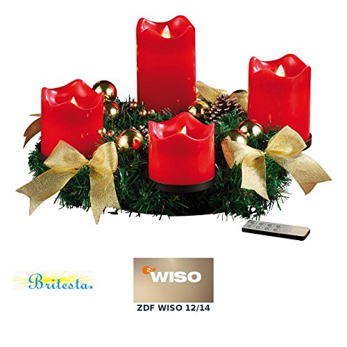 Britesta Künstlicher Adventskranz: Adventskranz, golden, 4 rote LED-Kerzen mit bewegter Flamme (Weihnachtsgestecke)