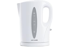 paul russells White Plastic Kettle - 1.7L Capacity, Perfect for 7 Cups, Family Size, Clear Water Window, LED Indicator, 2200w Quite boil, Sleek and Simple, Boil Dry Protection, Cord-free Serving.