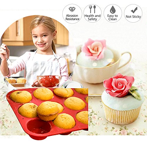 Philonext Silikon Muffinform, rote 12er Cupcake Backform / antihaftbeschichtet / spülmaschinenfest / mikrowellensicher - 3