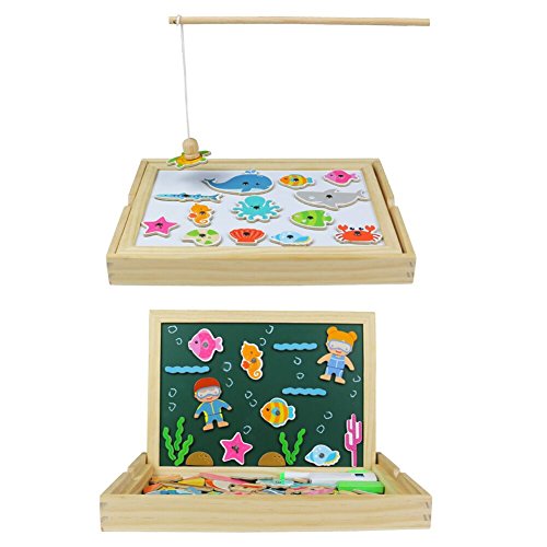 Magnetic Wooden Jigsaw Puzzles, 3 in 1 Beach Dress Up, Magnetic Fishing Game, Drawing Writing Board for Children 3 4 5 6 Years Old
