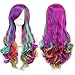 Produktbild DNFC Perücke Damen Langhaarperücke mit Haarnetz Gelockte Faschingsperücke Cosplay Regenbogen Bunt Perücken Lange Karnevalsperücke Frauen Perücke 70 cm für Karneval Fasching Kostüme Party Fest (Bunt)