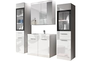PIASKI Conjunto de Muebles de baño Udine, Lavabo Incluido, Juego de Muebles de baño, Armario Alto, Mueble de Lavabo, Espejo, Armario acristalado, sifón y lavaboincluido (White)