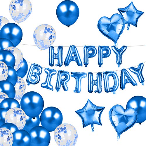 Aookey Decorazioni Compleanno Palloncini,Palloncini Blu ,Birthday Party Decorations Palloncini di Lattice Riempiti di Coriandoli,Happy Birthday Striscioni,Addobbi per Feste di Compleanno