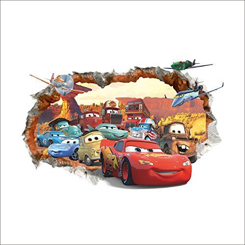 Oulique ® 3D Aufkleber Cars McQueen im Wanddurchbruch Loch