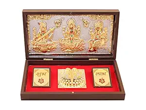 GoldGiftIdeas 24K Gold Plated Lakshmi Ganesha Saraswati Photo Frame with Charan Paduka, LGS Wooden Momento for Return Gift (Shubh Labh Carving), Housewarming Gift