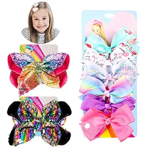PANTIDE 8Pcs JOJO Bow Hair Clips- 8 Inch Large Sparkly Glitter Sequin Hair Bows and 5 Inch Rainbow Unicorn Grosgrain Ribbon Hair Bows, Alligator Hair Clips Hair Barrettes Accessories with Gift Bag