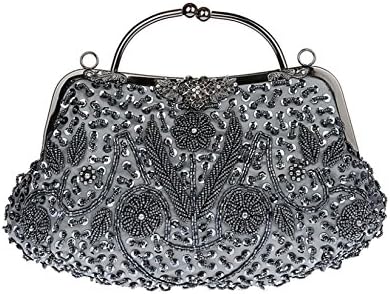 Lady Retro Handbag Beaded Dress Shoulder Bag Bride Handbag,Gray-OneSize