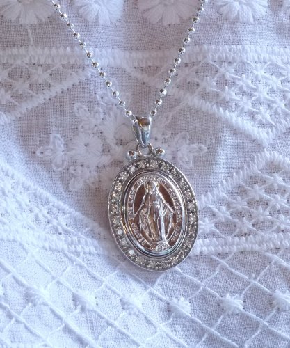 Sterling Silver Miraculous Medal.925.With Zirconium Stones.Christening,Baptism or Confirmation.