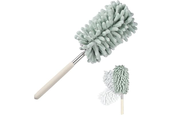 Blueshyhall Plumeau Poussière Microfibre Telescopique Pliable Lavable, Petit Plumeau Rond Rétractable (29-76 cm) Plumeau Reutilisable pour Voiture Bureau Aspirateur Toile d Araignées (Vert)