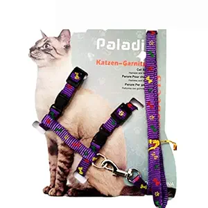 Picckola International (New - Printed, Purple) Cat Adjustable Nylon Harness Strap Collar with Leash Set Small Pet Walking