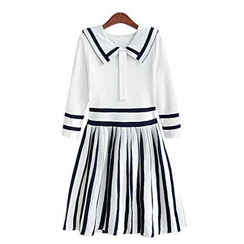 YQ24 2015 Autumn The New Dress Women Stripe Doll collar Dress (S, WHITE)